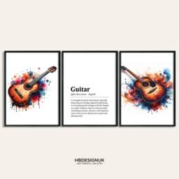 Guitar Watercolour Art Print - Set Of 3 Music Artwork - Acoustic Watercolor Poster Wall Musician Instrument Picture Decor Room Gift - thumbnail 1
