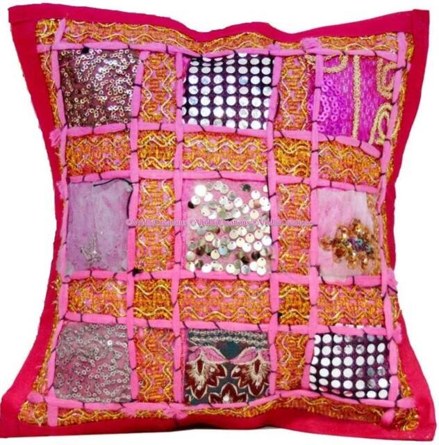 Embroidered Patchwork Pillow Cover Indian Sequin Cotton Cushion - image 1