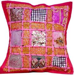 Embroidered Patchwork Pillow Cover Indian Sequin Cotton Cushion - thumbnail 1