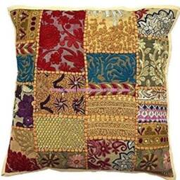 Embroidered Patchwork Pillow Cover Indian Sequin Cotton Cushion - thumbnail 3