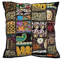 Embroidered Patchwork Pillow Cover Indian Sequin Cotton Cushion - thumbnail 2