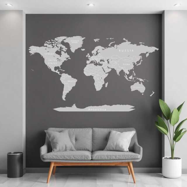 World Map Wall Decal Vinyl Stickers - Detailed Large Art Print Grey Office Decor Travel Gift - image 1