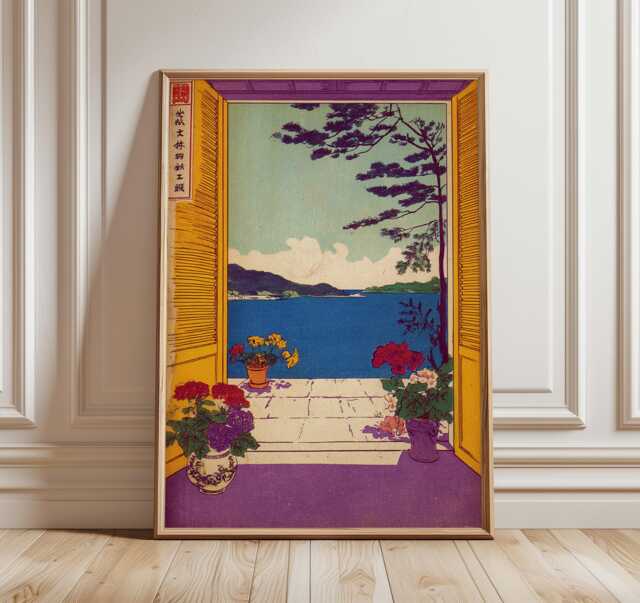 Japanese Landscape Art Print, Ocean View Wall Art, Vintage Terrace Poster, Traditional Ukiyo-E Style, Coastal Home Decor - image 1