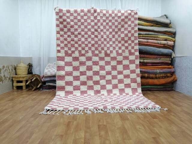 Hand-Knotted Moroccan Pink Checkered Wool Rug, Amazigh Handmade Carpet, Customs Black Friday Gift - image 1