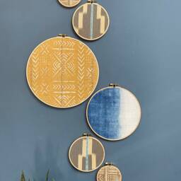 6 Piece Set, Mustard Blue African Mudcloth Gallery Wall Hanging Decor Wood Circle Frames Various Sizes, Modern Boho, Authenti - thumbnail 3