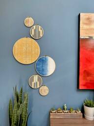 6 Piece Set, Mustard Blue African Mudcloth Gallery Wall Hanging Decor Wood Circle Frames Various Sizes, Modern Boho, Authenti