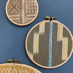 6 Piece Set, Mustard Blue African Mudcloth Gallery Wall Hanging Decor Wood Circle Frames Various Sizes, Modern Boho, Authenti - thumbnail 2