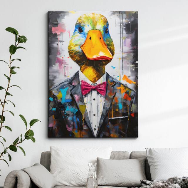 Duck With Suit Bow Tie Animal Abstract Oil Painting Splatter Style Wall Art, Framed Canvas Poster Print, Home Kitchen Office Room Decor - image 1