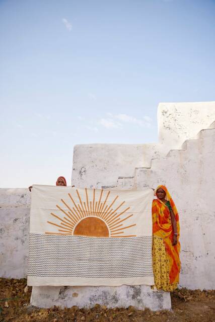 Handmade Linen Kantha Throw Blanket Sun Design Block Print - image 1
