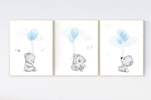 Teddy Bear Nursery Print Blue Balloons, Gray Decor - image 1