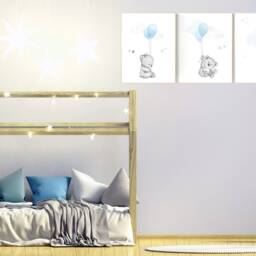 Teddy Bear Nursery Print Blue Balloons, Gray Decor - thumbnail 2