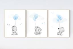 Teddy Bear Nursery Print Blue Balloons, Gray Decor - thumbnail 1