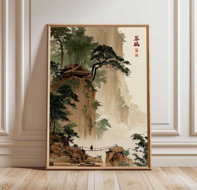 Japanese Mountain Temple Poster, Asian Landscape Wall Art, Paper Print - image 1