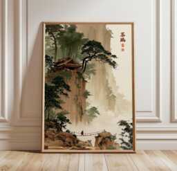 Japanese Mountain Temple Poster, Asian Landscape Wall Art, Paper Print