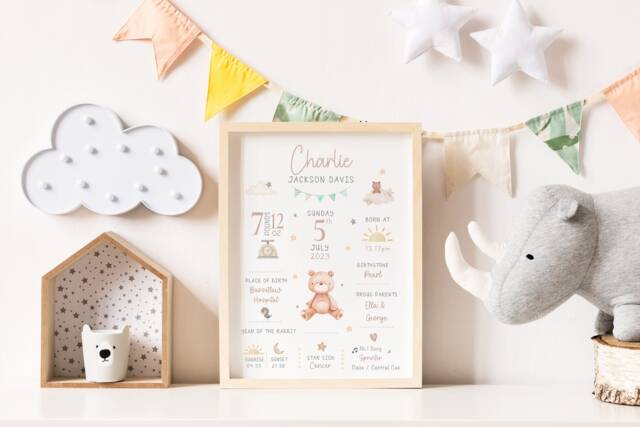 New Baby Personalised Print Birth Details Keepsake Gift, Newborn Girls Boys Nursery Decor - image 1
