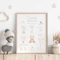 New Baby Personalised Print Birth Details Keepsake Gift, Newborn Girls Boys Nursery Decor - thumbnail 2