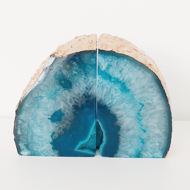 Teal Agate Bookends Pair With Rose Gold Leaf Edge. Handmade Crystal Geode Shelf Decoration - image 1