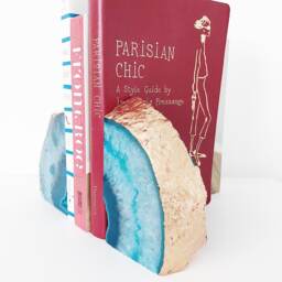 Teal Agate Bookends Pair With Rose Gold Leaf Edge. Handmade Crystal Geode Shelf Decoration - thumbnail 3