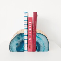 Teal Agate Bookends Pair With Rose Gold Leaf Edge. Handmade Crystal Geode Shelf Decoration - thumbnail 2