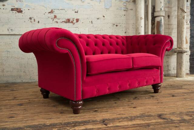 Modern British Handmade 2 Seater Red Velvet Fabric Chesterfield Sofa - image 1
