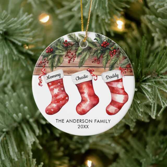 Family Of 3 Christmas Stockings Cute Watercolor Ornament, Of Three Custom New Ornament - image 1