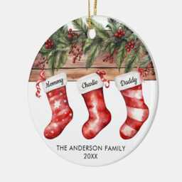 Family Of 3 Christmas Stockings Cute Watercolor Ornament, Of Three Custom New Ornament - thumbnail 3