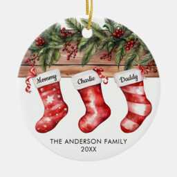 Family Of 3 Christmas Stockings Cute Watercolor Ornament, Of Three Custom New Ornament - thumbnail 2