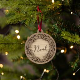 Personalised Christmas Bauble With Name, Engraved Wooden Ornament For Xmas Tree, Wood Wreath Bauble, Holiday - thumbnail 2