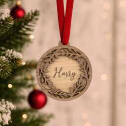 Personalised Christmas Bauble With Name, Engraved Wooden Ornament For Xmas Tree, Wood Wreath Bauble, Holiday - thumbnail 3