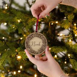 Personalised Christmas Bauble With Name, Engraved Wooden Ornament For Xmas Tree, Wood Wreath Bauble, Holiday