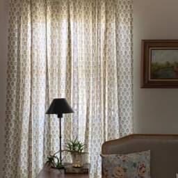 Pinch Pleat Curtains White Cotton Block Print, Vintage Ethnic Design - thumbnail 2
