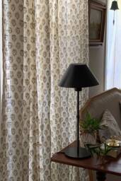 Pinch Pleat Curtains White Cotton Block Print, Vintage Ethnic Design - thumbnail 1