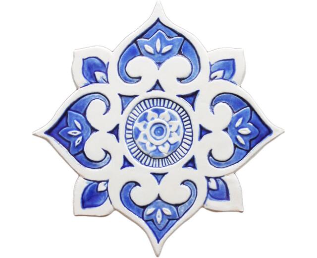 Mandala Handmade Wall Decor Made From Ceramic, Outdoor Art Deep Relief, Ceramic Design, #3 Cutout Blue&white - image 1