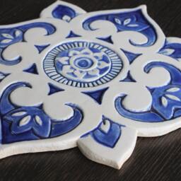 Mandala Handmade Wall Decor Made From Ceramic, Outdoor Art Deep Relief, Ceramic Design, #3 Cutout Blue&white - thumbnail 2