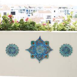 Mandala Handmade Wall Decor Made From Ceramic, Outdoor Art Deep Relief, Ceramic Design, #3 Cutout Blue&white - thumbnail 4