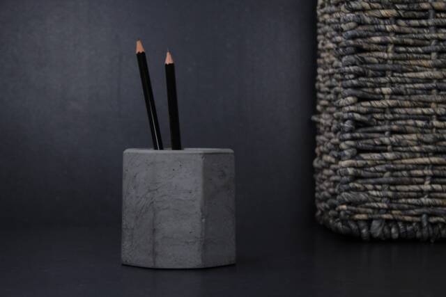 Mens Concrete Pen Holder, Charcoal Office Organizer, Brutalist Pencil Cup, Desk Decor - Eightpluse Studio - image 1