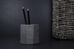 Mens Concrete Pen Holder, Charcoal Office Organizer, Brutalist Pencil Cup, Desk Decor - Eightpluse Studio - thumbnail 1