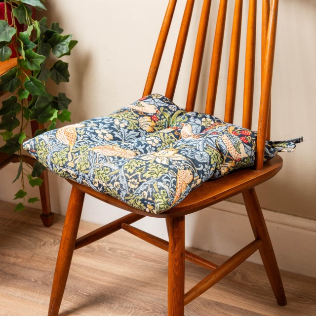 "William Morris Strawberry Thief Tapestry Quilted Seat Pad in Blue. Luxury Dining Chair With Ties. Deep-Filled & Supersoft. 16X16"" X 3" - image 1