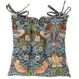 "William Morris Strawberry Thief Tapestry Quilted Seat Pad in Blue. Luxury Dining Chair With Ties. Deep-Filled & Supersoft. 16X16"" X 3" - thumbnail 3