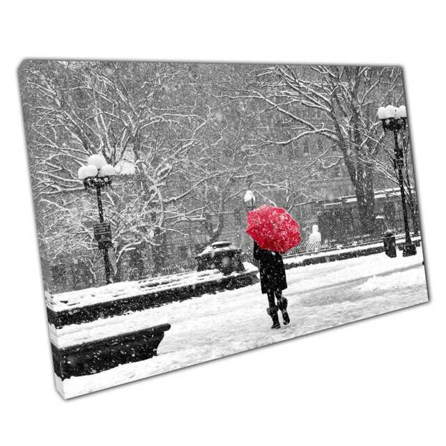 Red Umbrella in Washington Square Park Greyscale Photography Wall Art Print For Home & Office - image 1