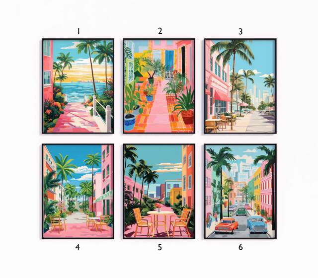 Miami Poster Set, Florida Travel Prints, Floral Art, Tropical Decor, Folk Art Poster, Gallery Wall, Gift, A1/A2/A3/A4 - image 1