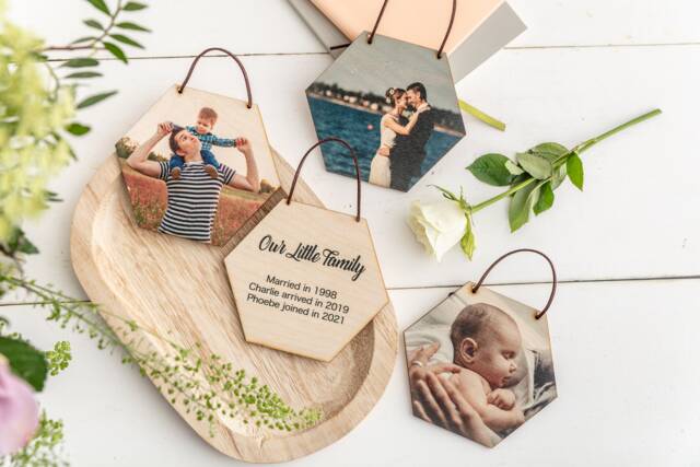 Hexagon Hanging Personalised Photo Tiles Set Of Four - Wooden Photograph Wall Art Gift - image 1