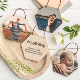 Hexagon Hanging Personalised Photo Tiles Set Of Four - Wooden Photograph Wall Art Gift - thumbnail 2
