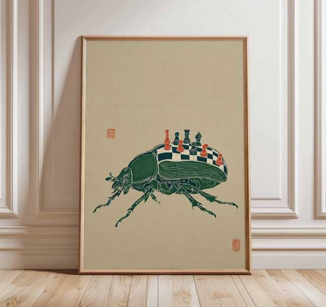 Beetle Poster, Japanese Minimalist Surreal Wall Art Print, Modern Nature Artwork, Chess Insect Illustration, Unique Home Decor - image 1
