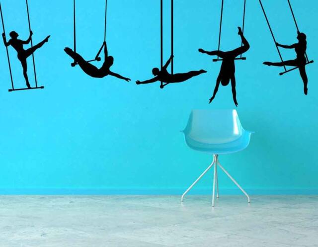 Trapeze Wall Decal, Circus Art, Acrobat Decor, Gymnast Silhouette Sticker, Aerial Performer Design, Flying Carnival Decals - image 1