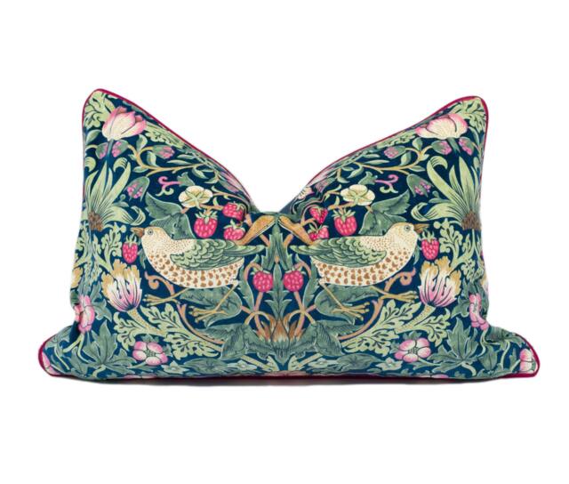 William Morris - Strawberry Thief Velvet Indigo/Moss Persian Pink Iconic Designer Cushion Cover Handmade Throw Pillow - image 1