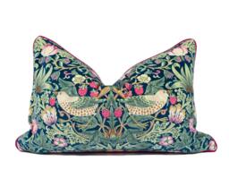 William Morris - Strawberry Thief Velvet Indigo/Moss Persian Pink Iconic Designer Cushion Cover Handmade Throw Pillow - thumbnail 1