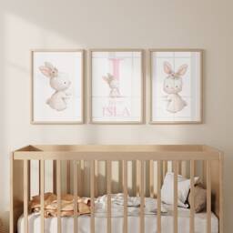 Pink Bunny Nursery Prints, Baby Girl Rabbit Personalised Theme, Set Of 3 Watercolour Wall Art - thumbnail 2
