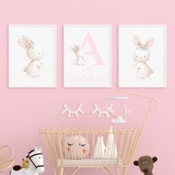 Pink Bunny Nursery Prints, Baby Girl Rabbit Personalised Theme, Set Of 3 Watercolour Wall Art - thumbnail 3