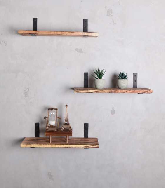 Set Of 3 - Rustic Handmade Wooden Floating Shelves Slim Mango Wood Shelves Torched Finish Length 16 Inch X 5Inch Depth 1Inch Thickness - image 1